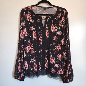 White House Black Market Keyhole Long Peasant Sleeve Floral Print Lacey Blouse S